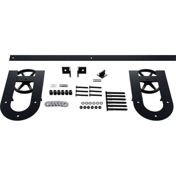 Ekena Millwork Premium Wagon Wheel Horseshoe Barn Door Hardware Set w/ 7' Track for 2 1/4" Doors, Dark Gray GB600157H2WDG - main